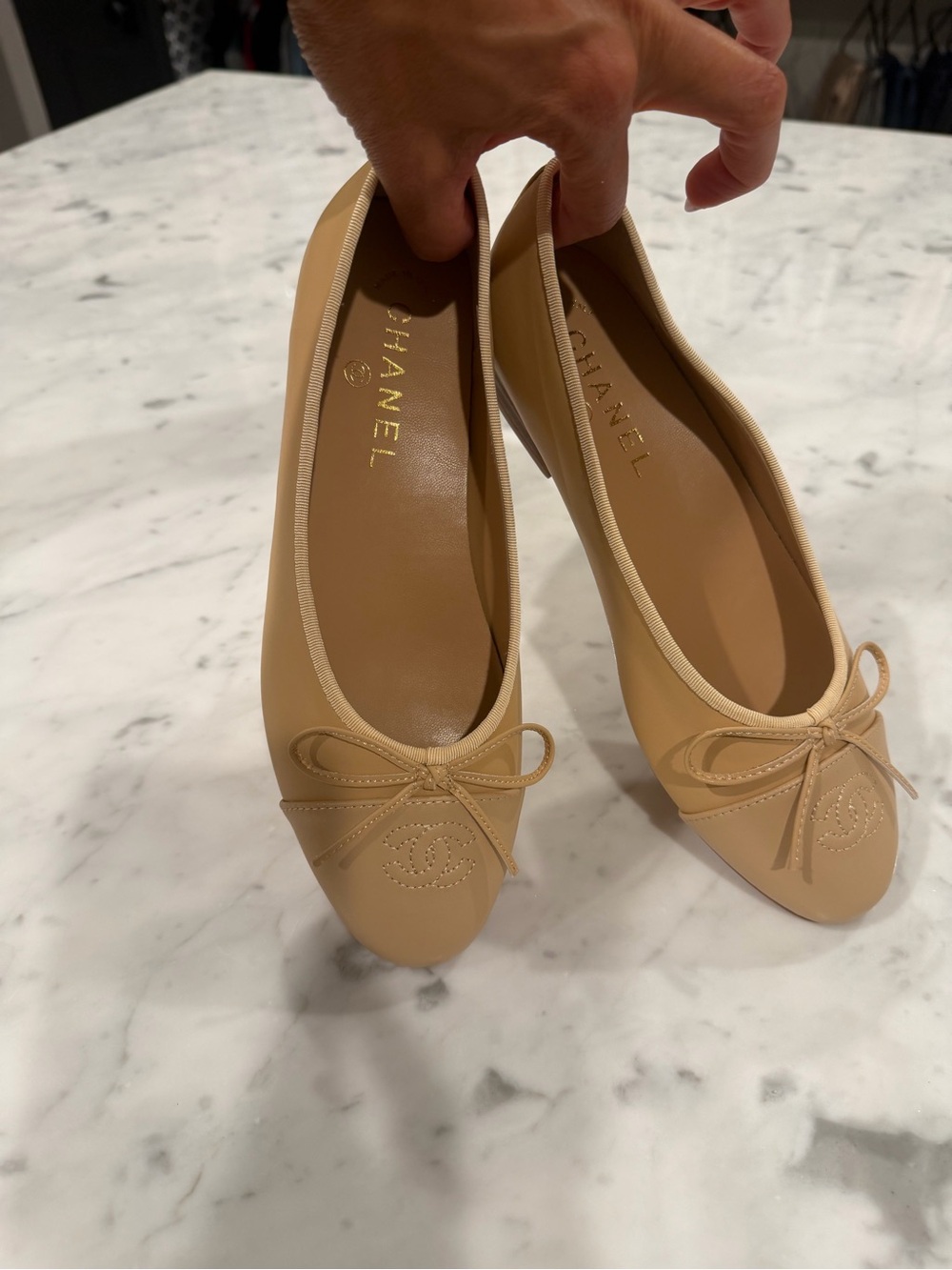 NOTCHANEL Tan Leather Ballet Flats with Perforated CC and Bow